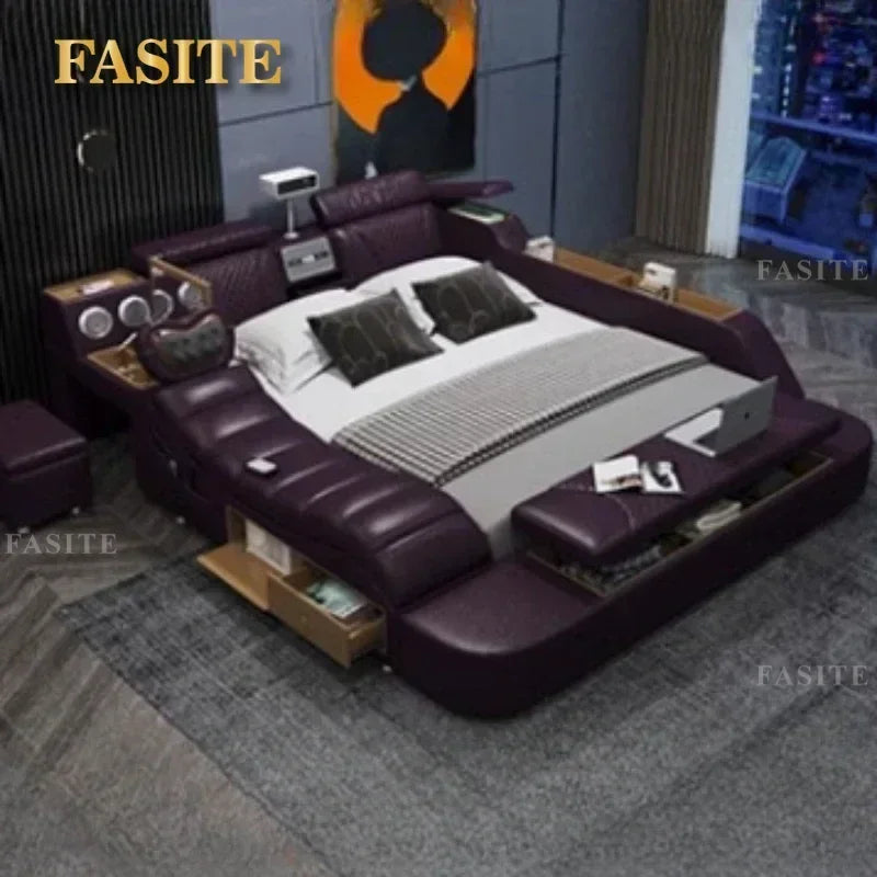 Leather Tatami Multifunction Bed With Projector — Ivory | KIMLUD