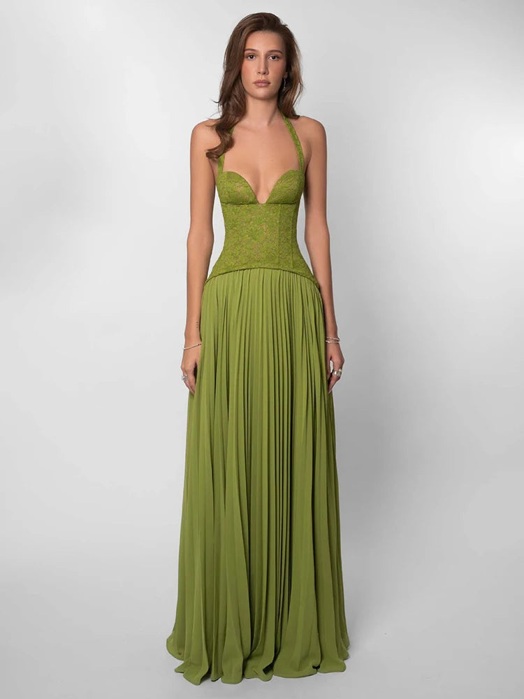 Maxi Dress – Halter Neck Lace Corset Backless – A-Line – Green | KIMLUD