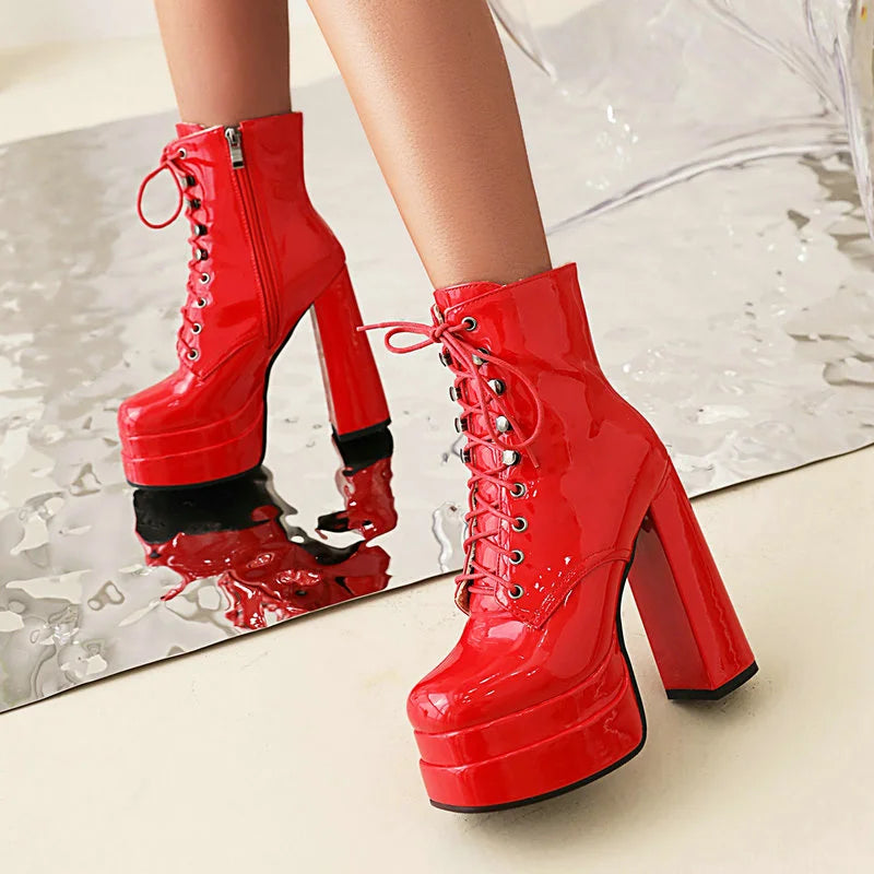 2022 Winter Women Ankle Boots Platform Square High Heel Ladies Ankle Boots Patent PU Leather Cross Tied Women's Shoes Big Size