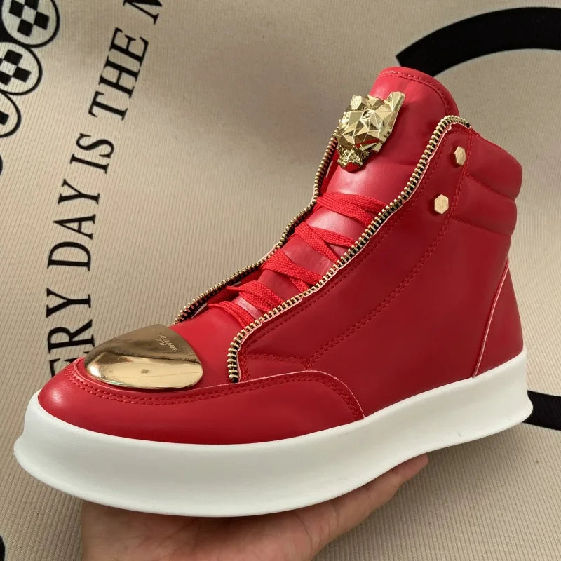 Artificial Leather High-Top Sneakers With Zip Decoration — Black | KIMLUD