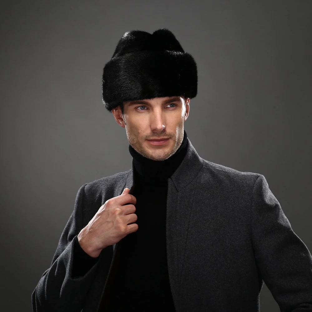 Mink Fur Winter Hat — Top-Hat Crown Silhouette — Deep Black | KIMLUD