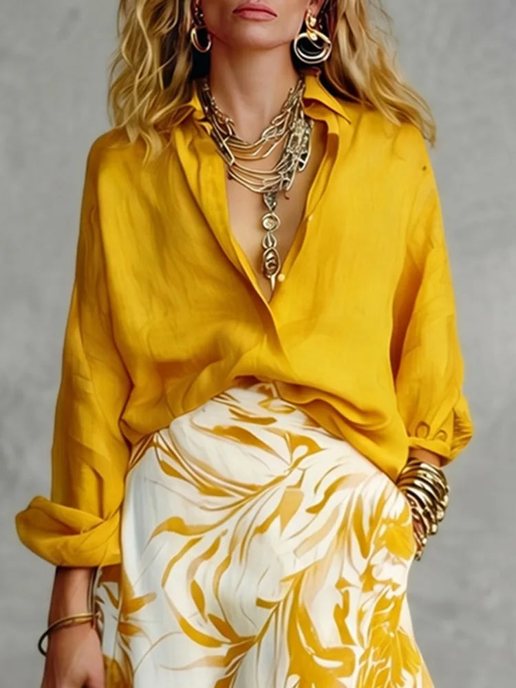 Lapel Blouse – Loose Buttoned – Polyester Fiber – Yellow | KIMLUD