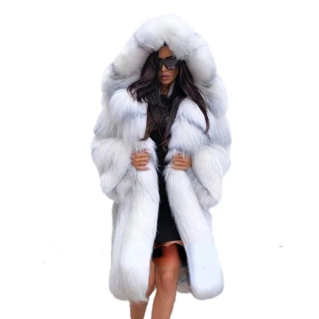 Winter Plus Size Longer Faux Fur Warm Coat Long Sleeve Coat Fox Fur Faux Fur Coat women's Long Hooded Fur all-in-one Fur Coat