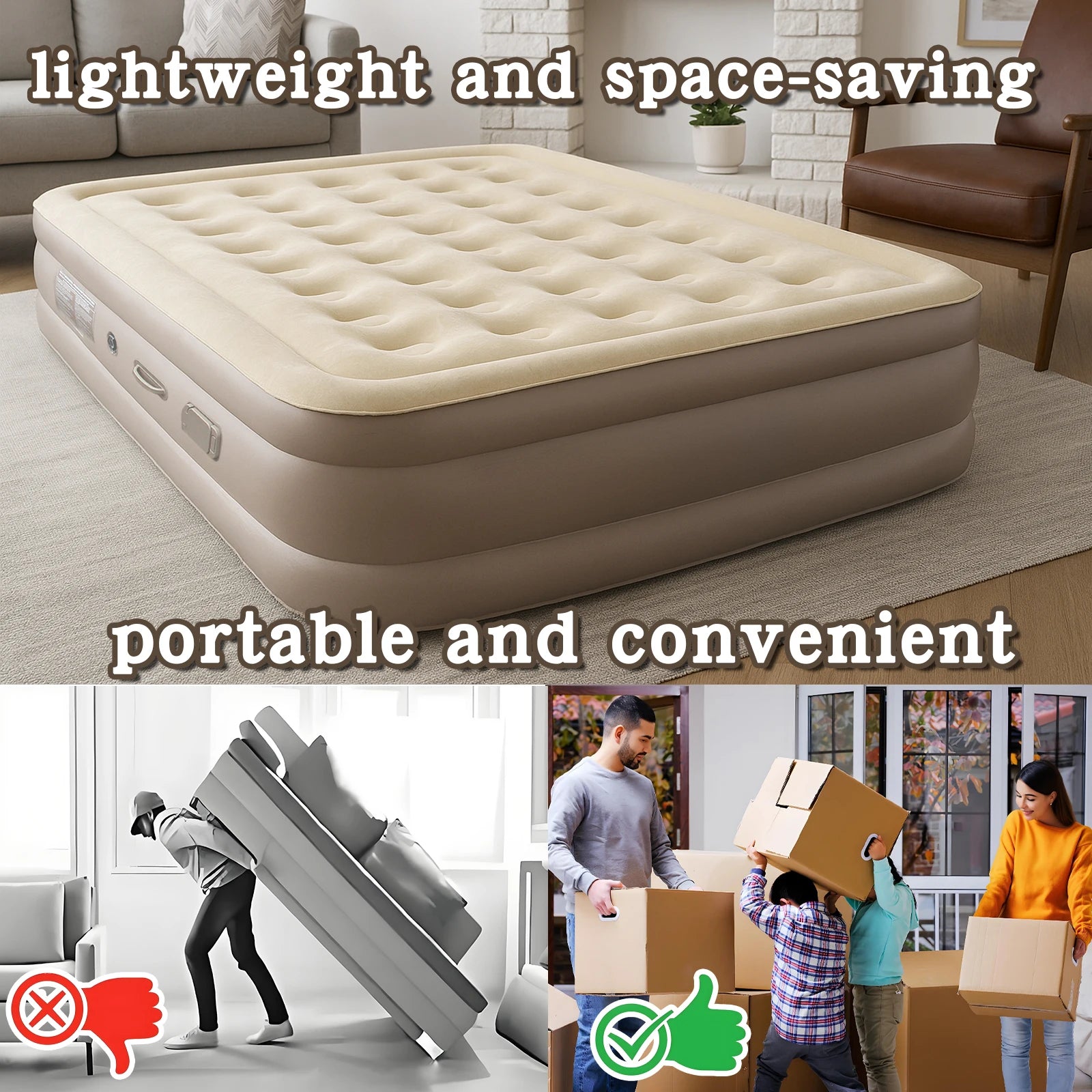 16i" Inflatable Queen Air Mattress with Built-in Pump, 200 * 150 * 40cm Portable Durable PVC Air Bed 150kg Max for Tent Camping