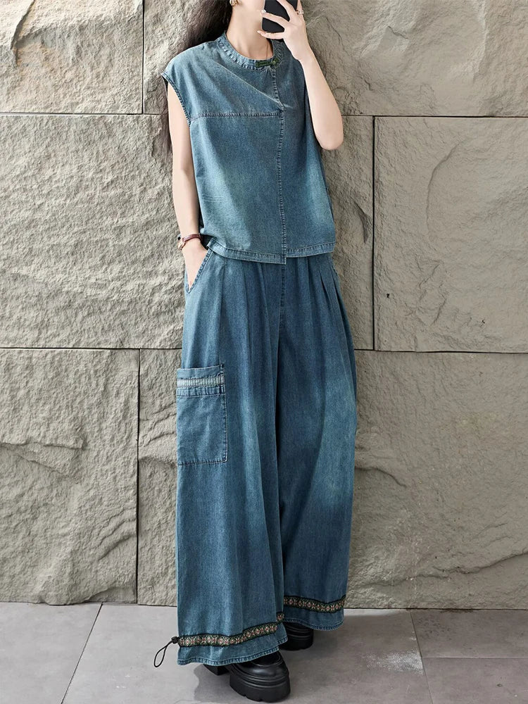 Amax LuluE Korean Summer Women Vintage 2 Pieces Sets Denim Suits Soild O Neck T-Shirts Fashion Jeans Causal Pants Loose Outfits