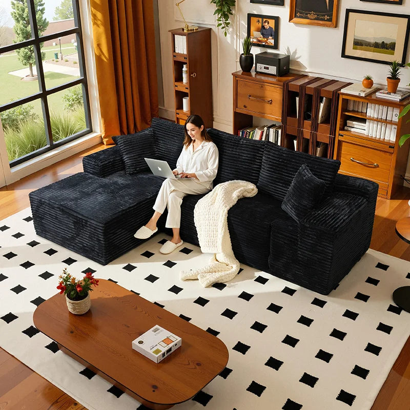 Corduroy L-Shaped Sofa Bed — Deep Seat, 105-Inch — Charcoal Gray | KIMLUD