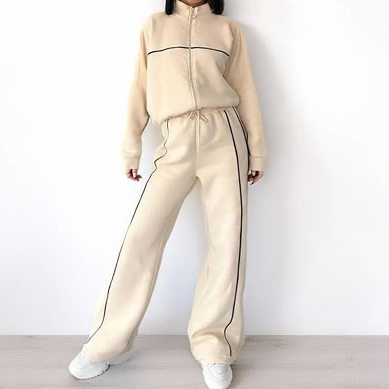 Lace-Up Cardigan Sweatshirt Two-Piece Set Lace-Up Trim — Cream-Ivory | KIMLUD