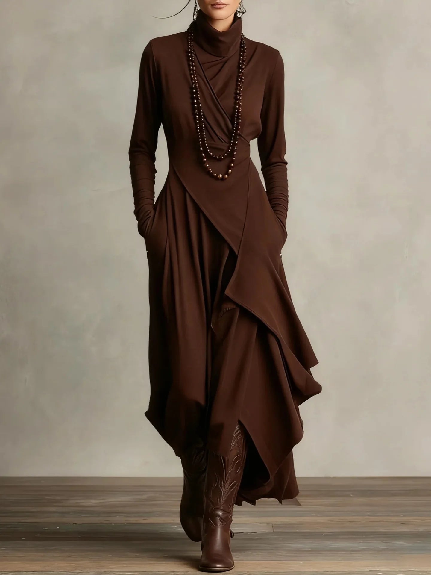 Dresses Cross Turtleneck A-Line Slim Fit — Solid Color | KIMLUD