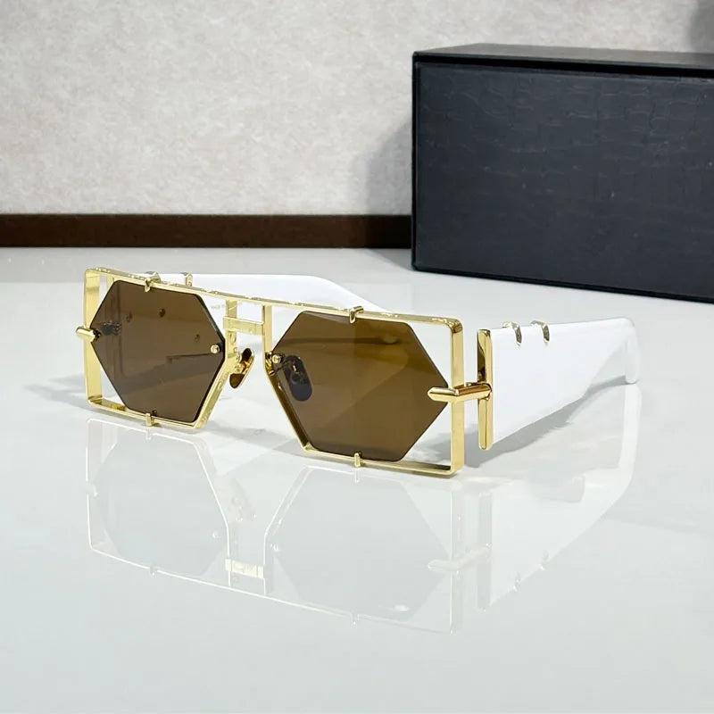 Metal Hexagon Sunglasses With Acetate Frame — Tortoiseshell Brown | KIMLUD