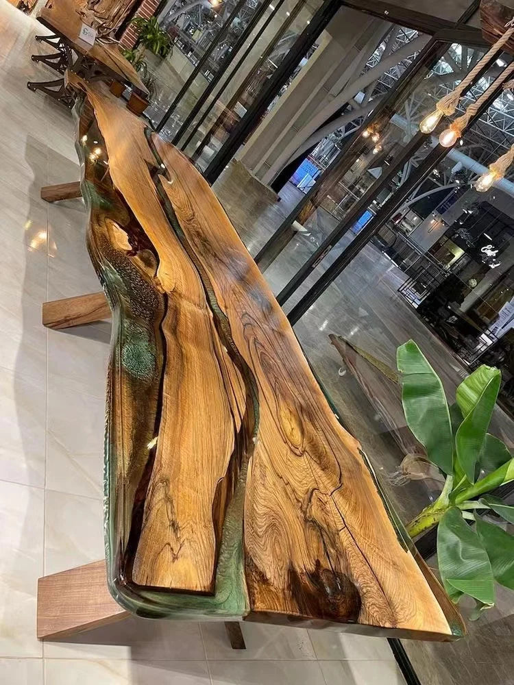 Walnut Wood Dining Table Top Amber Resin River — Walnut | KIMLUD