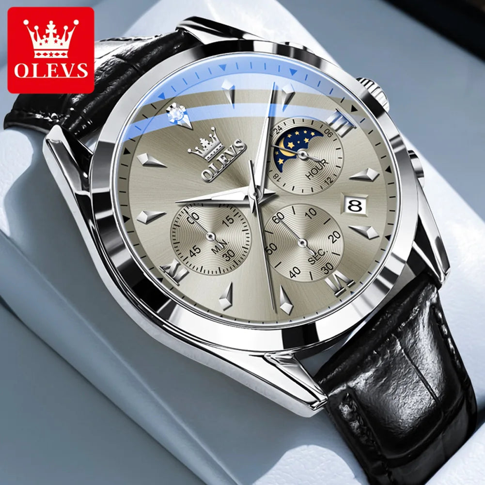 OLEVS Luxury Men's Watches Leather Strap Waterproof Luminous Chronograph Moon Phase Man Watch Top Original Quartz Watch for Men