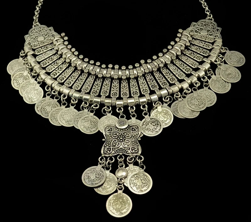 Afghan Bohemian Jewelry Set – Coin Tassel Necklace Earrings – Gold & Silver | KIMLUD