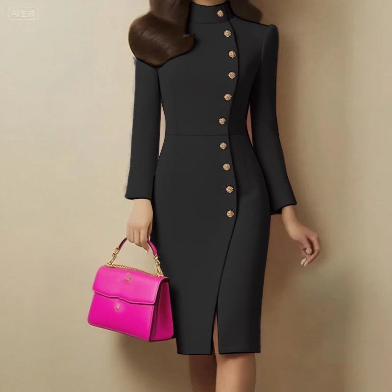 Polyester Stand Collar Midi Dress Knee Length — Black | KIMLUD