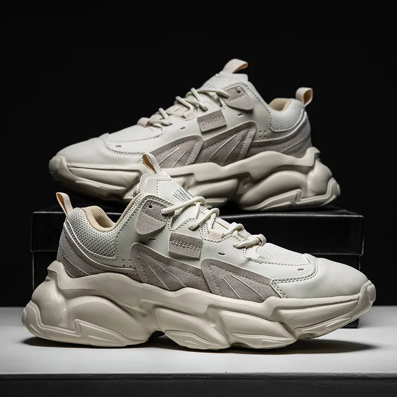 Leather Luxury Sneakers Premium Designer Style Breathable Casual Shoes — Beige | KIMLUD