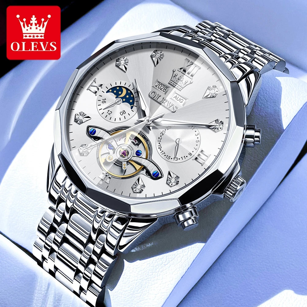 OLEVS Original Brand Men's Watches Skeleton Luminous Moon Phase Automatic Mechanical Watch Prism Mirror Fashion Top Wristwatch