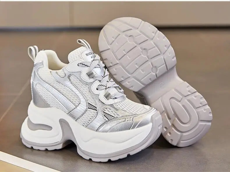 Synthetic Air Mesh Sneakers Platform Wedge — White | KIMLUD