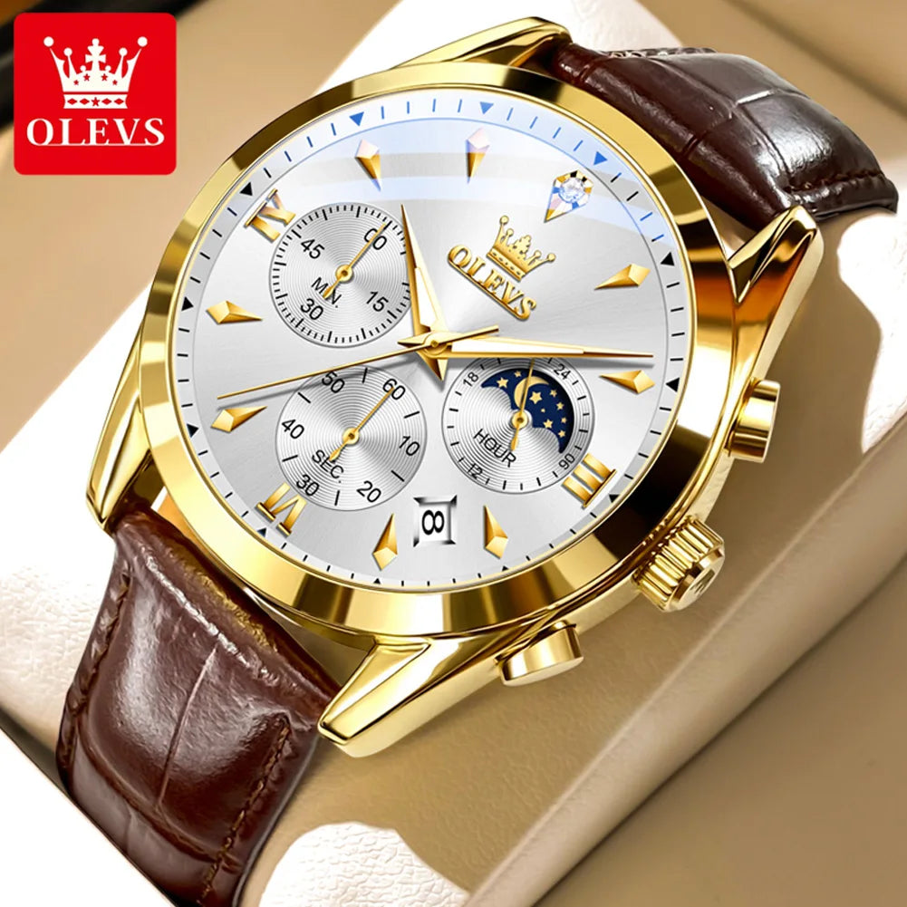 OLEVS Luxury Men's Watches Leather Strap Waterproof Luminous Chronograph Moon Phase Man Watch Top Original Quartz Watch for Men
