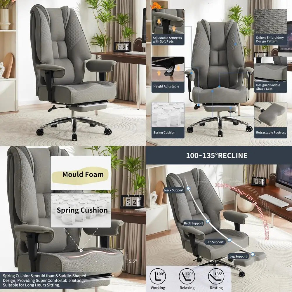 Luxury Leather High-Back Office Chair Supporting Up to 400lbs with Wide Seat and Footrest, Ergonomic Design for Lumbar Support