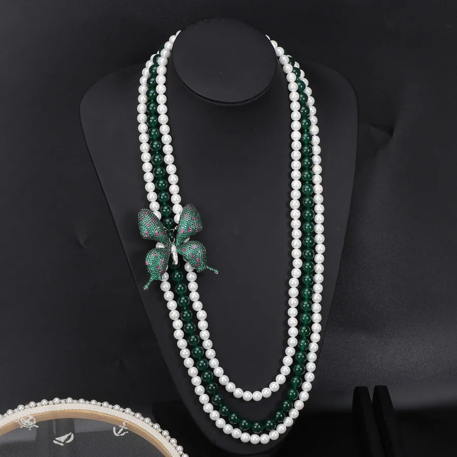 3rows  freshwater pearl white near round 7-8mm &green jade round necklace 80cm