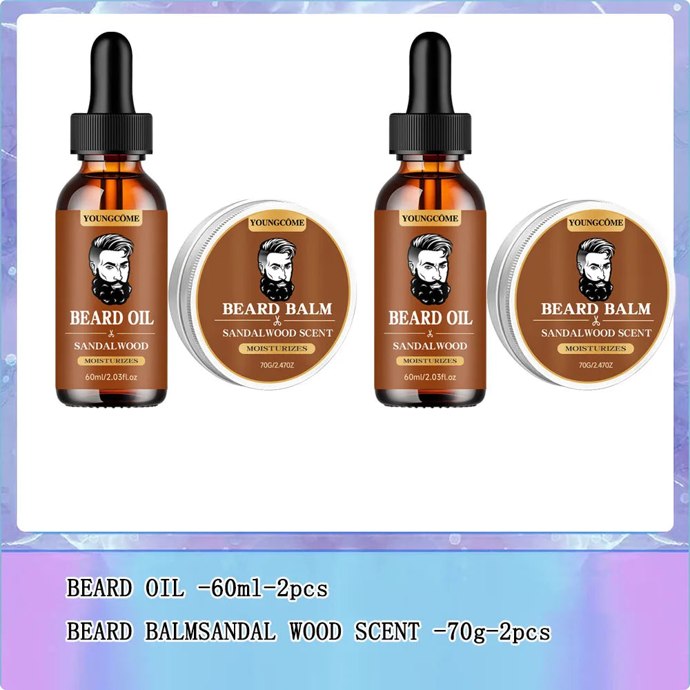 Sandalwood Beard Care Duo Growth Oil And Balm Set For Nourishing Grooming Ritual — Sandalwood Brown | KIMLUD