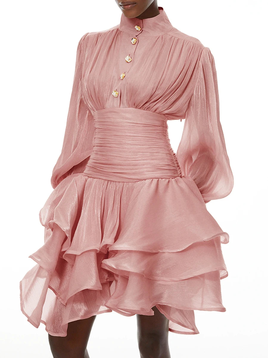 Elegant High Neck Organza Dresses Mini — Pink | KIMLUD