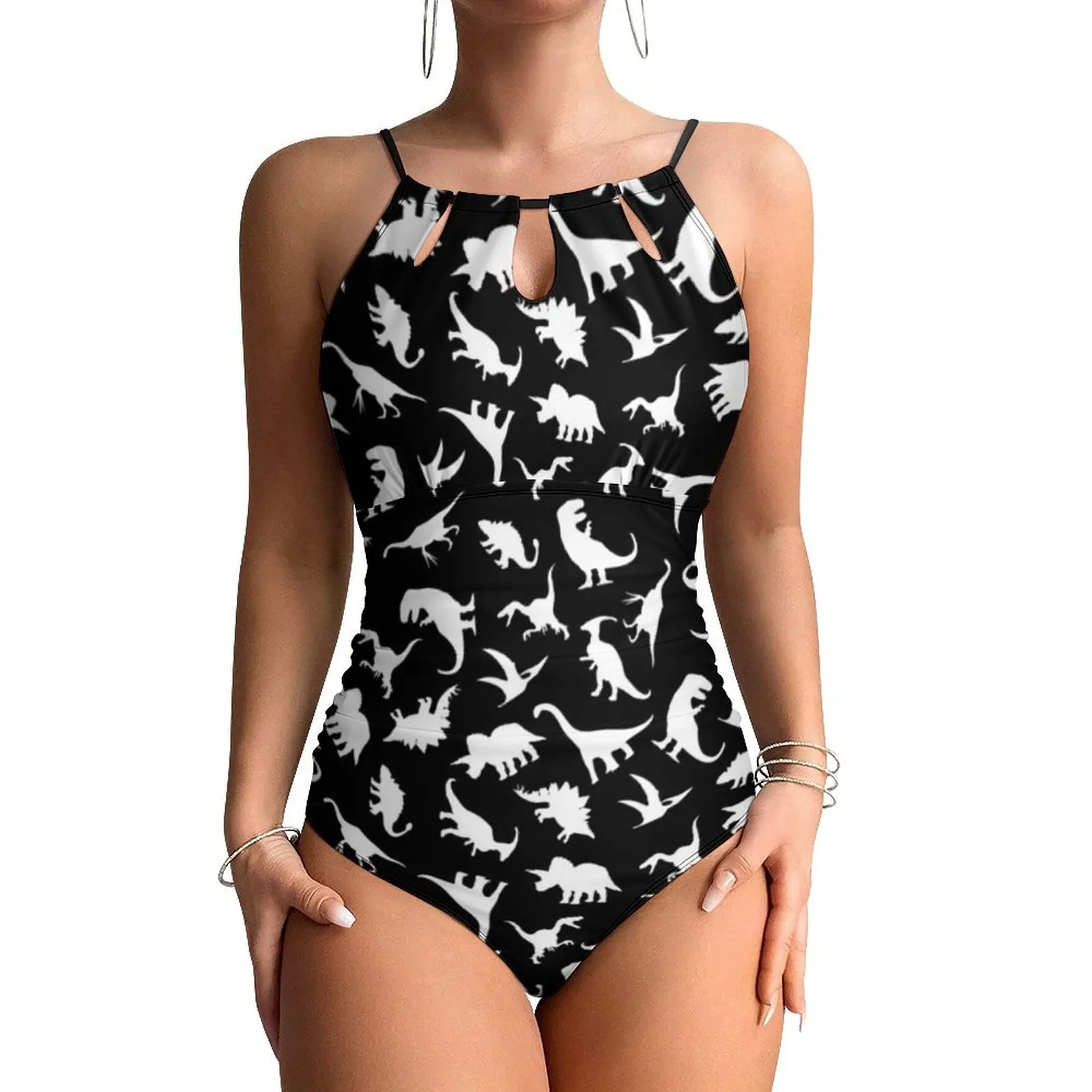 Halter One-Piece Swimsuit With Botanical Dinosaurs Print — Pastel Green | KIMLUD