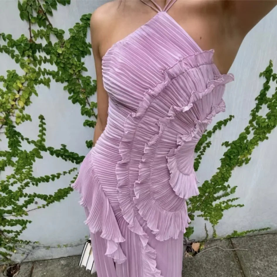 Ruffle Pleated Halter Maxi Dress With Irregular Tiered Pleats — Lavender | KIMLUD