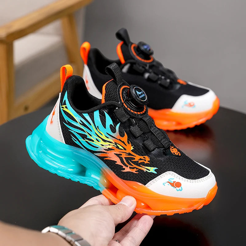 Flame-Print Knit Sneakers For Boys — Lightweight, Anti-Slip Sole, School-Ready Kids Trainers — Black | KIMLUD