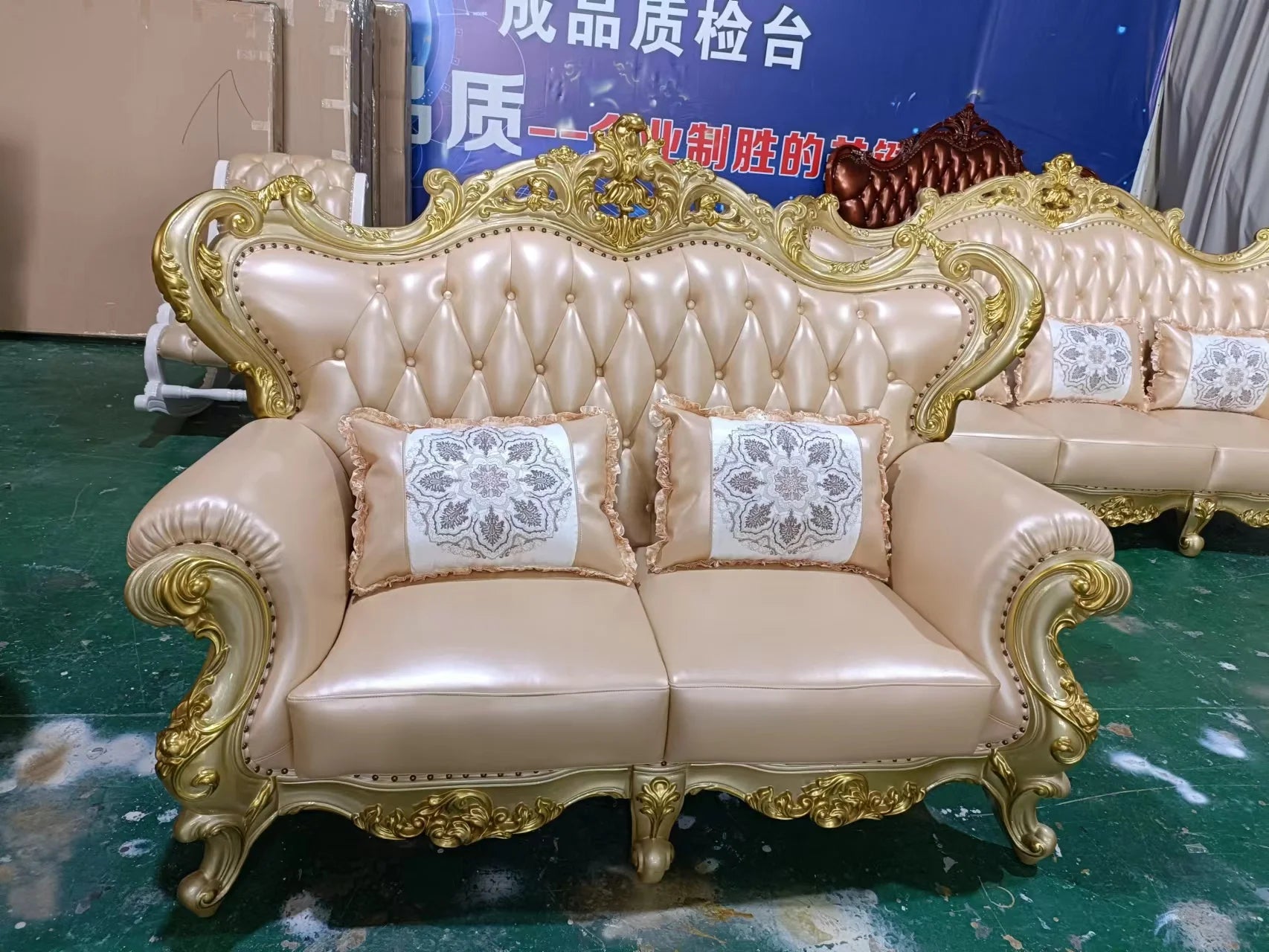 Rubberwood Solid Wood Sofa Set 1+2+3 Piece — Antique European Royal Style | Gold