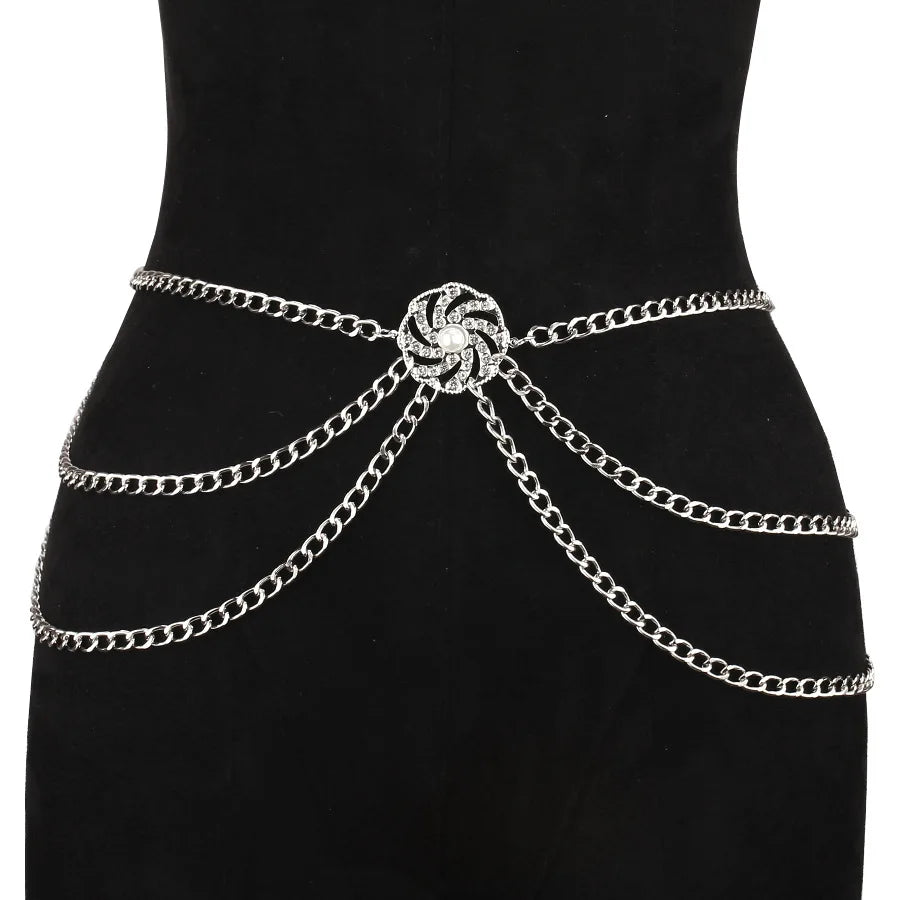 Gold-Tone Waist Chain Belt Diamond Pearl Disc Inlays With Radiant Faceting — Gold-Tone | KIMLUD