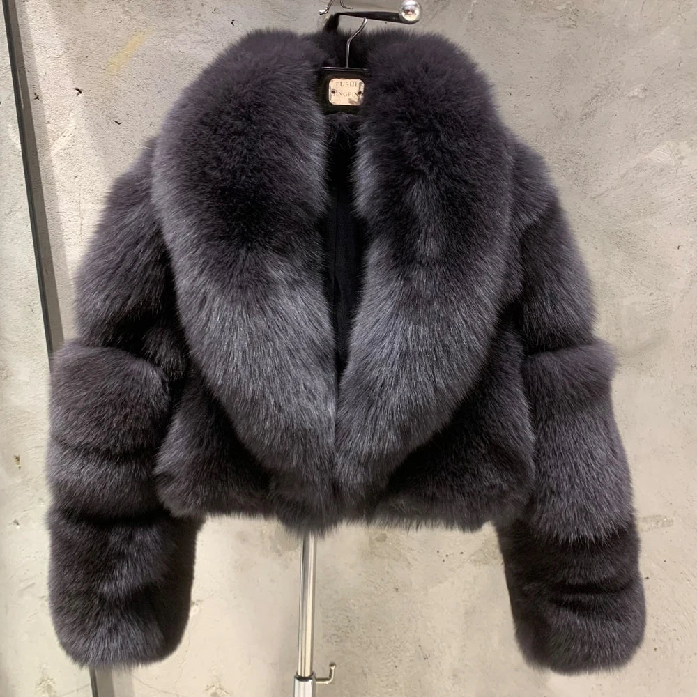 # Real Fox Fur Jacket Lady Real Fox Fur Coat Short Female Long Sleeve Natural Fur Cloth with Collar