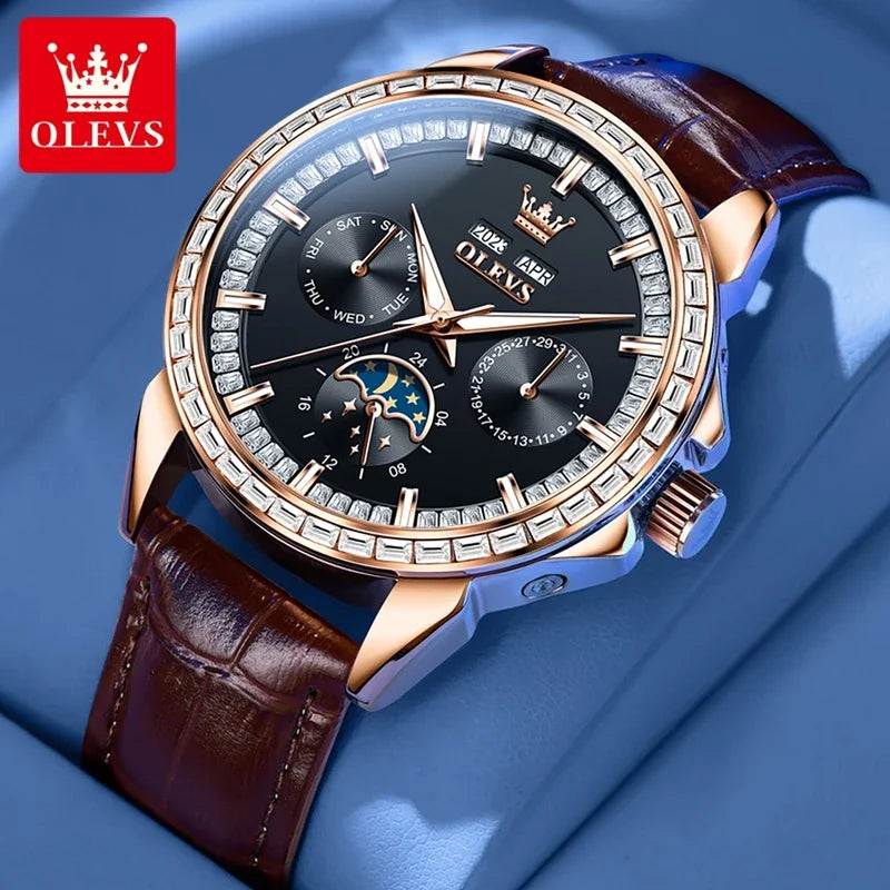 OLEVS 6695 NEW Men's Watches Full Multifunctional Dial Blue Leather Strap Calendar Week Moon Phase Waterproof Wristwatch