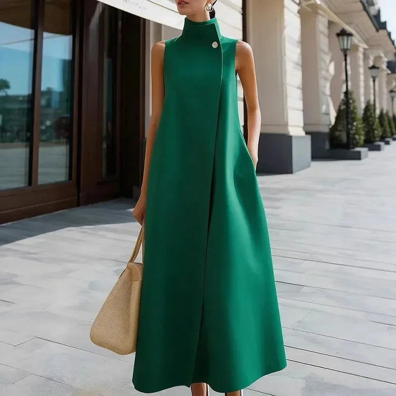 Maxi Dress – High Neck Button Detail – Polyester | KIMLUD