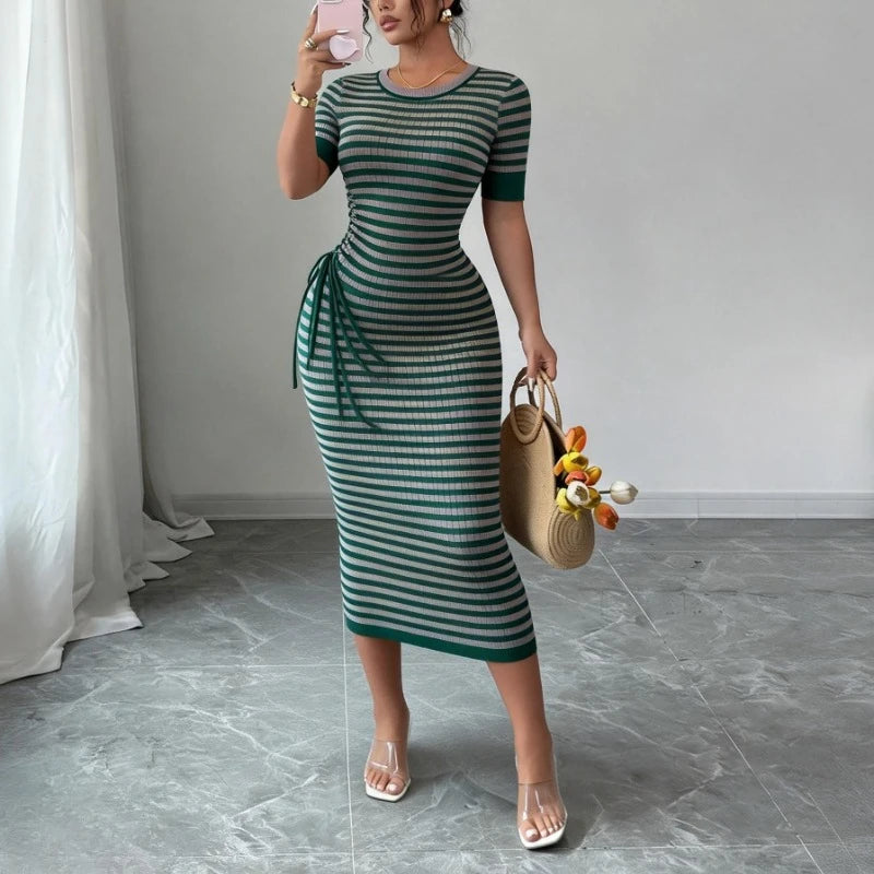 Knit Striped Bodycon Maxi Dress — Emerald Green | KIMLUD