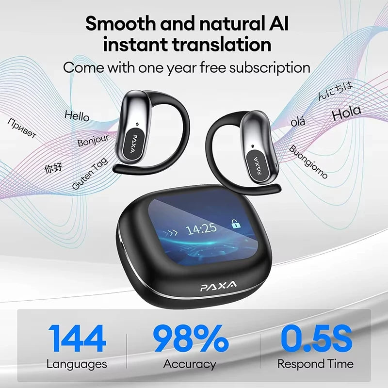 PAXA Upgraded AI Real-time Translation 3in1 Wireless Bluetooth 5.4 Earphones Translate 144 languages ENC Denoise Headphones