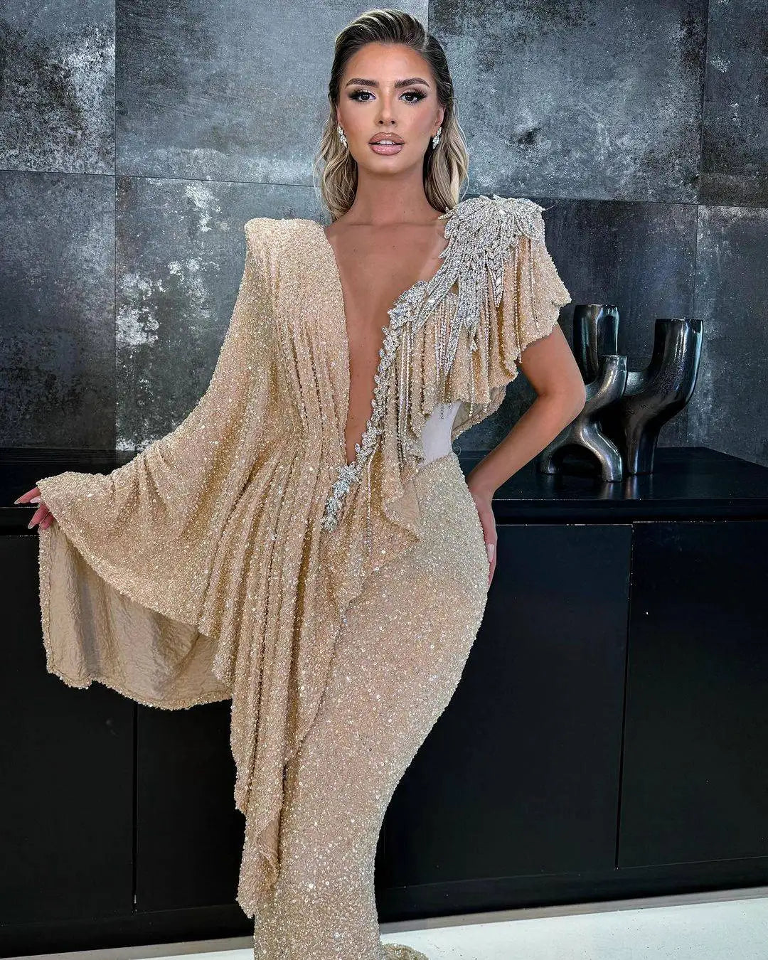 Sequined Mermaid Evening Gown V Neck Beading — Black | KIMLUD