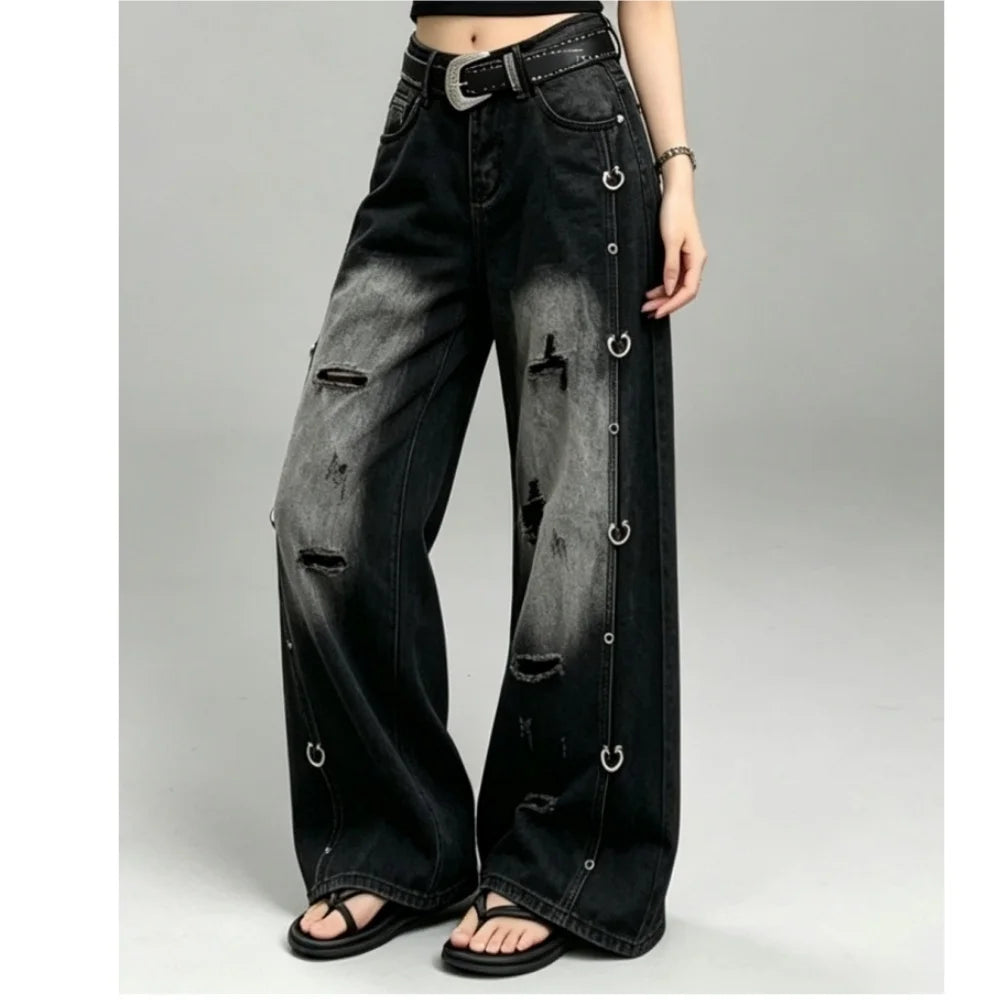 Rivet Washed Pants And Leggings Denim Wide Leg — Indigo | KIMLUD