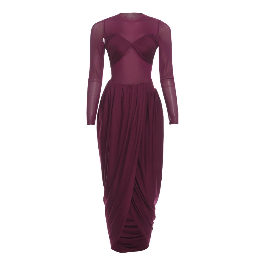 Mesh Patchwork Ruched Slit-Hem Dress — Burgundy | KIMLUD