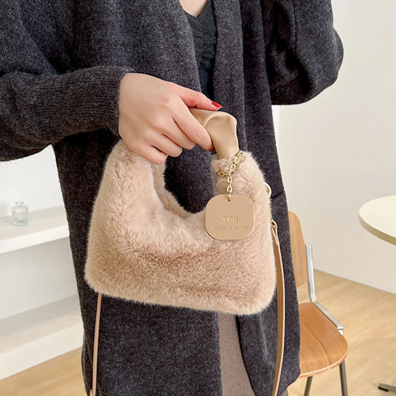 Women Faux Fur Soft Plush Handbags Ruched Handle Small Shoulder Crossbody Bag Casual Fluffy Totes Purse Winter Bags for Women