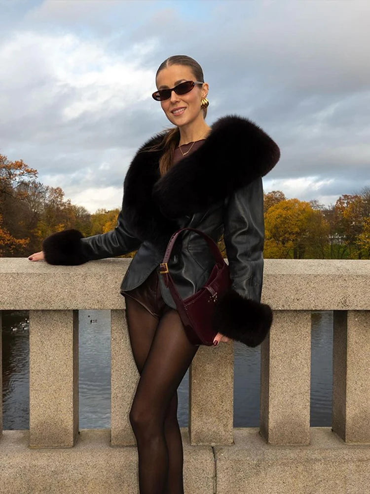 Black Faux Fur Collar Leather Jacket Elegant Lapel V-neck Waist Cinching Long-sleeved Short Coats Lady Winter Commute Coat 2025