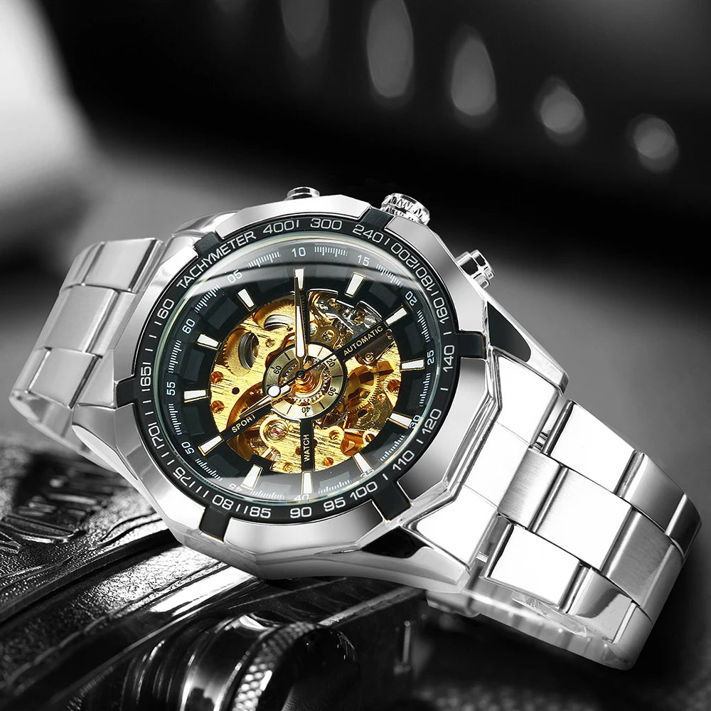 Stainless Steel Skeleton Watch Luminous Hands — Black | KIMLUD
