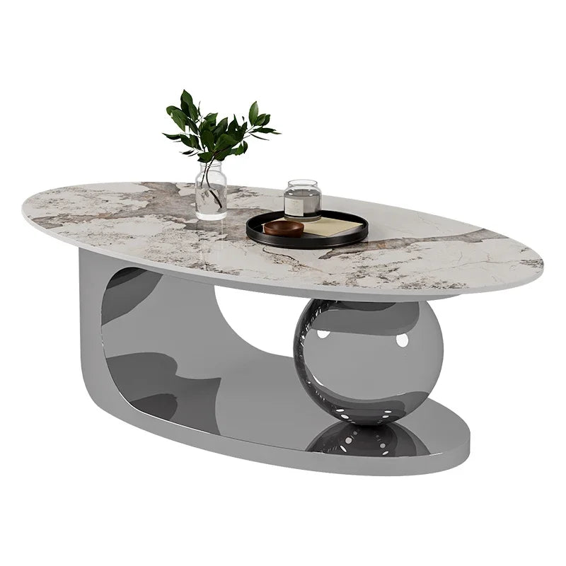 Nordic Designer Minimalist Coffee Table Oval Silhouette Rock Slab Top — Ivory White | KIMLUD