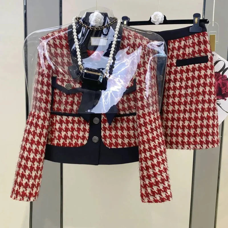 KIMLUD, Women Elegant Chic Vintage Tweed Fragrant Suit Jacke Coat Top And Skirt 2 Piece Set Outfit 2023 New Winter Jacquard Party Cloth, KIMLUD Womens Clothes