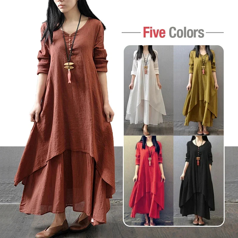 Linen-Blend Maxi Dress Relaxed Long-Sleeve Swing — Ivory | KIMLUD