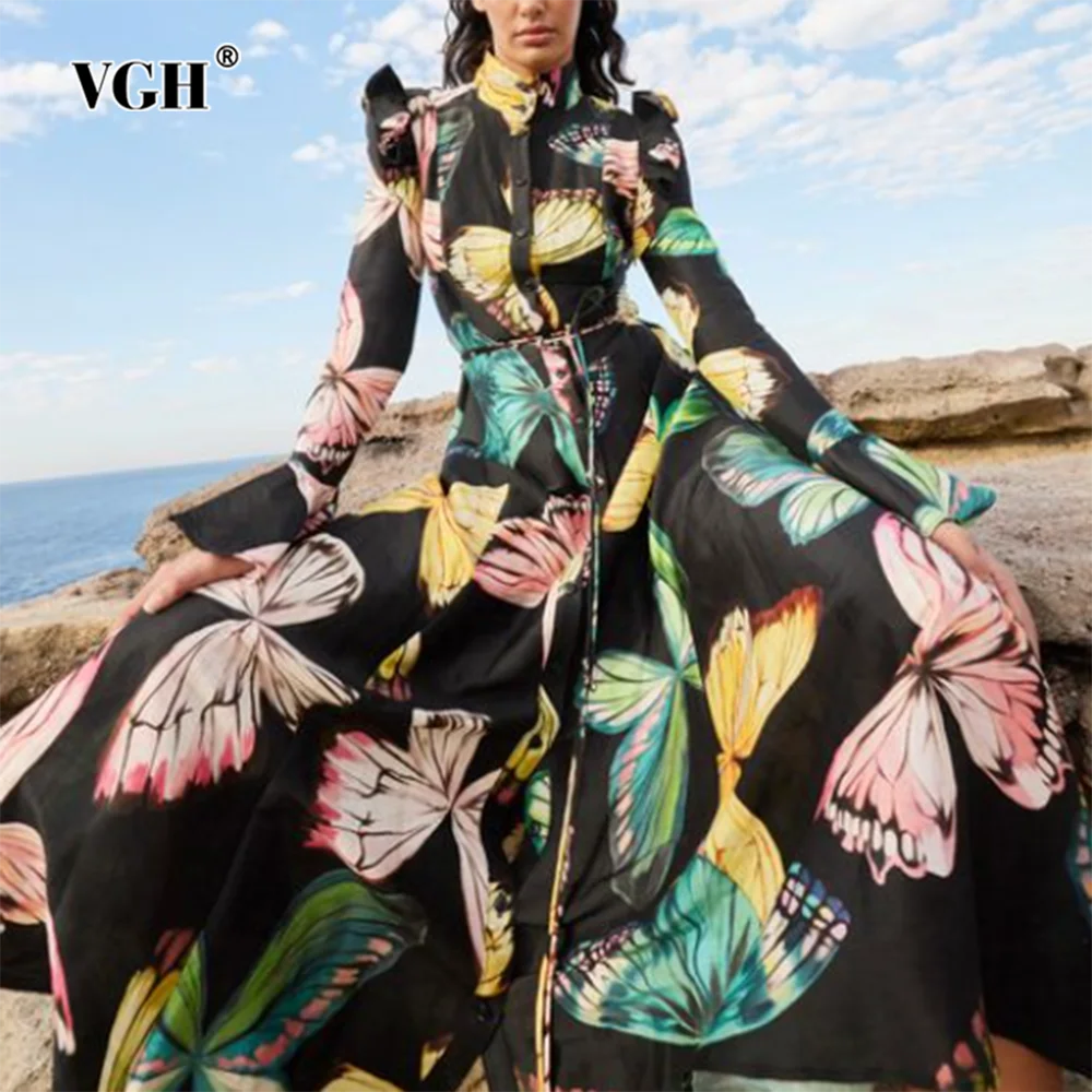 KIMLUD, VGH Hit Color Printing Patchwork Lace Up Dress For Women Stand Collar Long Sleeve High Waist Elegant Dresses Female Fashion New, KIMLUD Womens Clothes