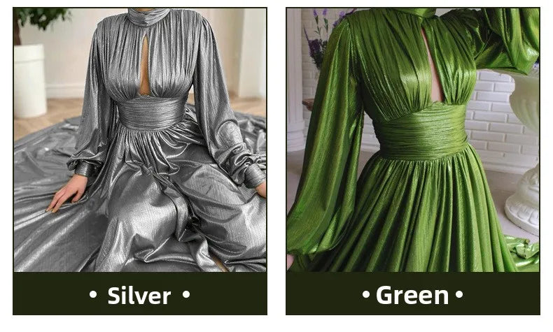 Satin-Effect Polyester Dress With Hanging-Neck — Avocado Green | KIMLUD