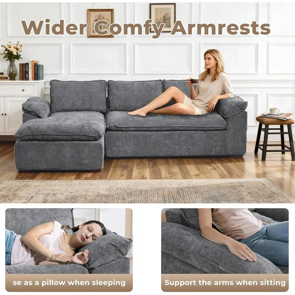 Chenille L-Shaped Sofa Memory Foam Cushions — Grey | KIMLUD