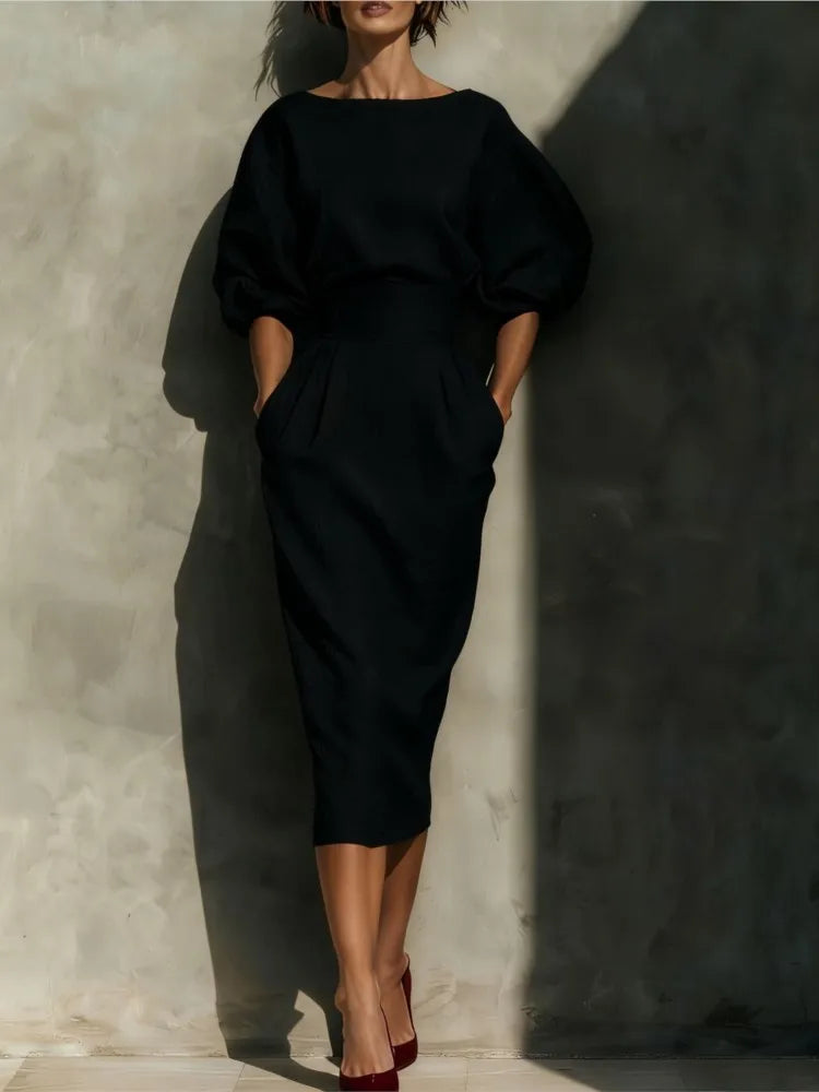 Dresses O-Neck Lantern Sleeve Pocket Midi Polyester Slim Solid | KIMLUD