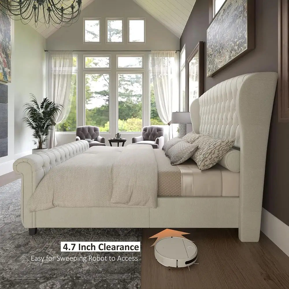 Chenille Upholstered King Size Platform Bed — Ivory | KIMLUD
