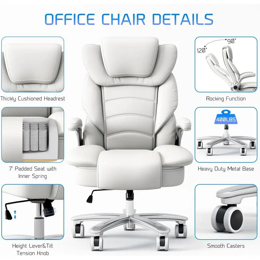 Ergonomic Leather Executive Chair with Wide Seat for 400lb Capacity, High Back and Flip-Up Arms, White